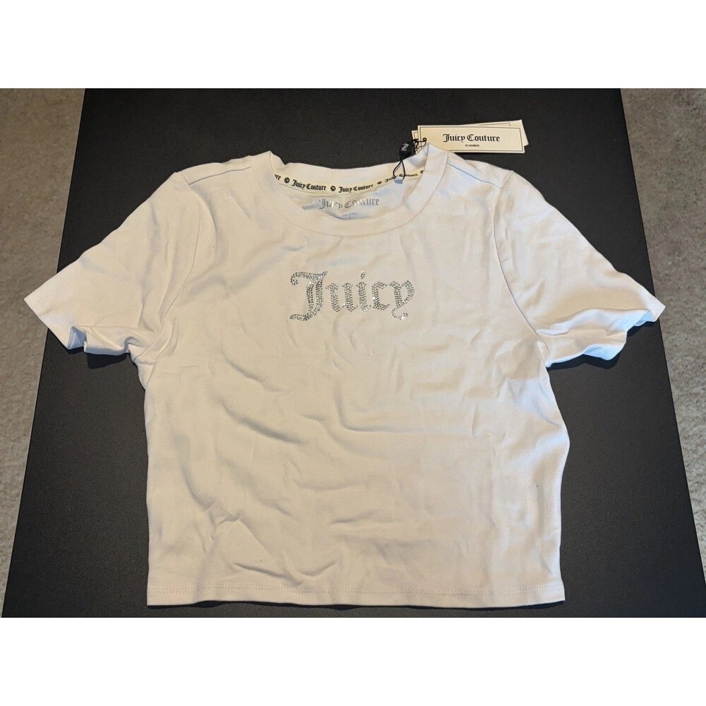 Juicy Couture Womens Rhinestone Logo T-Shirt White Size Small NWT Y2K Bling